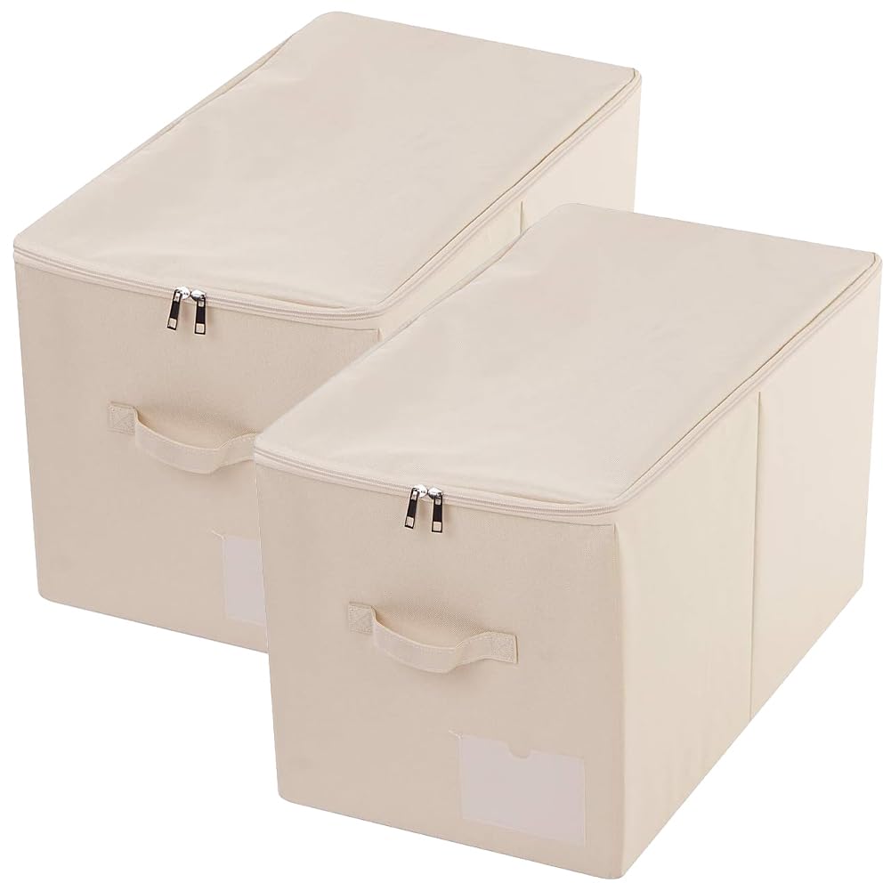 Amonsen Pack of 2, Zip Lidded Wardrobe Storage Bins for Clothes, Bedding, Foldable & Washable, Beige โ image 1