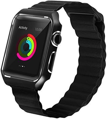 Apple Watch Band Leather Loop,LikeItY Genuine Leather Magnetic Strap with Metal Case for Apple Watch Series 1/2/3 - Shockproof Protective Bumper Replacement Band - 42mm Black