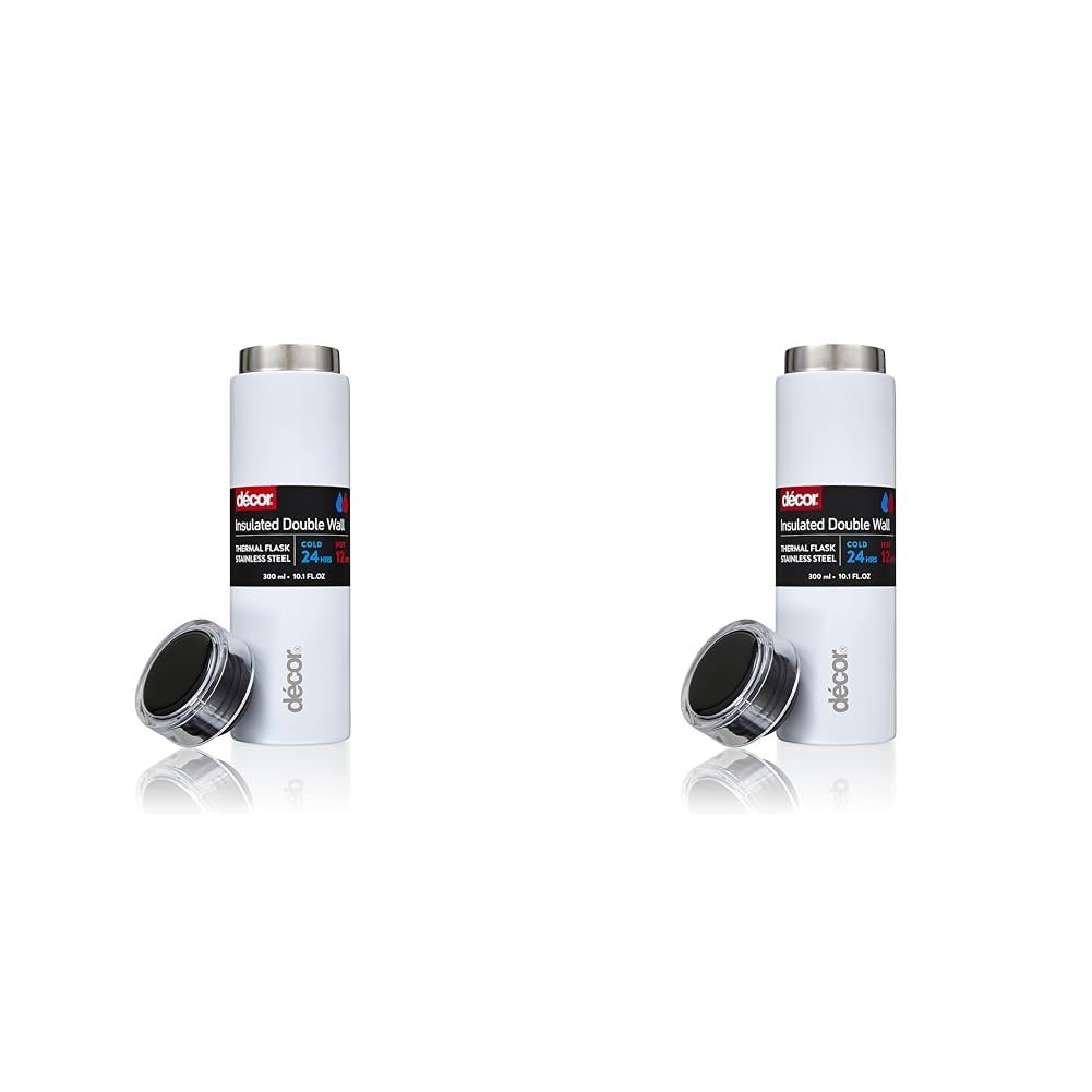 Décor Insulated Double Walled Thermal Flask | Stainless Steel Coffee Flask with Gloss Coating | Up to 12 Hours Hot | 300ml, White (Pack of 2)