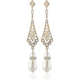 DIAMANTIO 18K Gold Plated Vintage Rhinestone Dangle Earrings with Simulated Pearl Drop and Cubic Zirconia – Elegant Long Statement Jewelry
