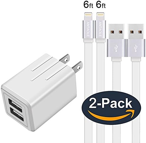 Wall Charger, ANTAOLE Dual Port Travel Wall Power Adapter 2.4A with Lightning Cable[2-PACK] (6ft) Data Charge Sync Cable for iPhone 7/6S Plus/5S, iPod, iPad Air/mini(Charger with Cable)