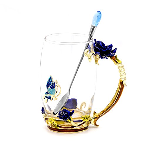 Daycindy Handmade Glass Coffee Mugs Blue Rose Tea Cup Spoon Set (13oz, Rose Blue)