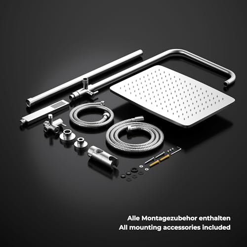 Görbach Stainless Steel Shower System without Taps, Chrome Rain Shower Set, Water Saving, Height Adjustable Shower Rail 74-114 cm, Shower Head XXL 35 x 25 cm