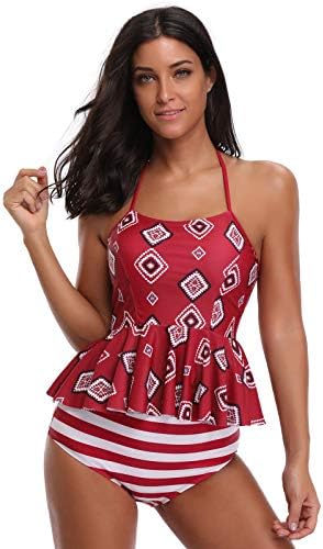 CHICIRIS Women's Halter Neck Strap Tankini Padded Printed Ruffle Peplum Backless Two Piece Bathing Suit