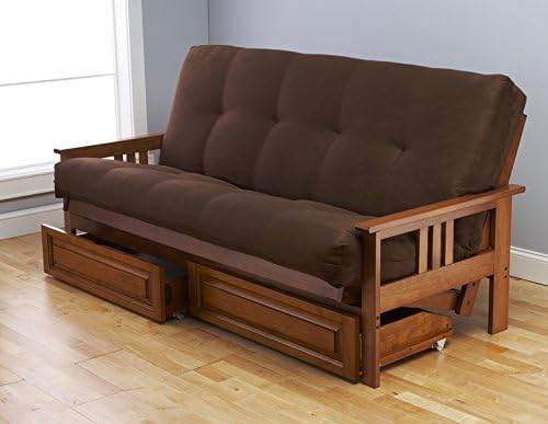 Eldorado Futon Set Hardwood Frame Full Size w/ 8 Inch Coil Mattress Sofa Bed Choice to Add Drawer Set (Chocolate Matt w/ Drawer Set)