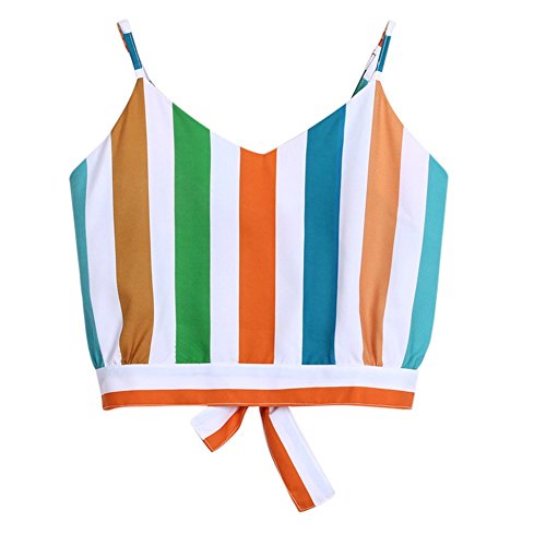 NREALY Women's Casual V Neck Multicolor Striped Self Tie Back Crop Tops Camisole Shirt