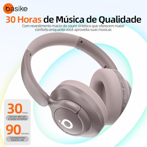 Basike Fone de Ouvido Bluetooth, ANC Cancelamento de Ruído Ativo Headphone Bluetooth 5.4 Headset com Microfone, Certificação Hi-Res Audio, 30 horas reprodução, LE29 (Rosa)