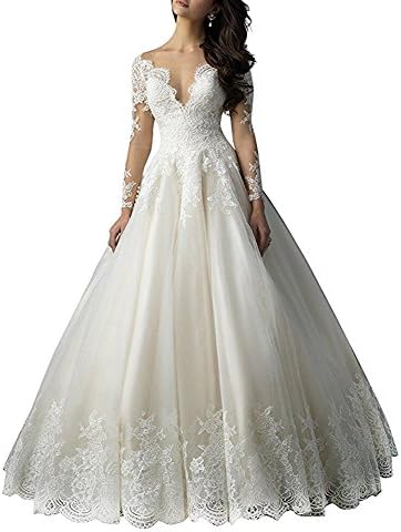 Wdress Women's Flower Appliques Long Sleeves Lace Wedding Dresses Bridal Wedding Gowns