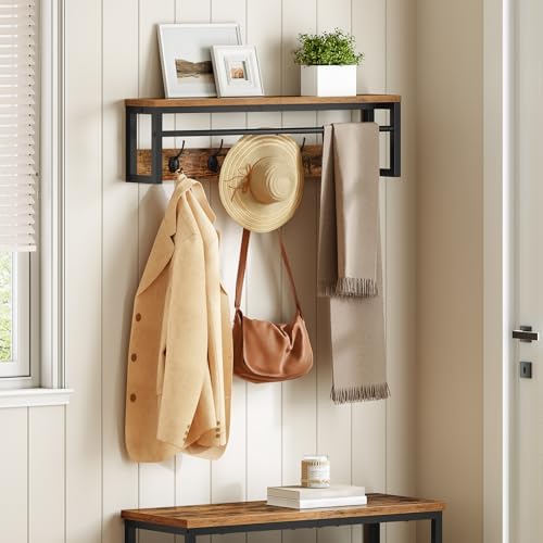 Perchero de Pared con Estante, Perchero Flotante con Barra y 5 Ganchos, Estante Colgante para Paraguas, Sombreros, para Entrada, Pasillo, Sala de Estar, Negro y Marrón Rústico EBF78YM01