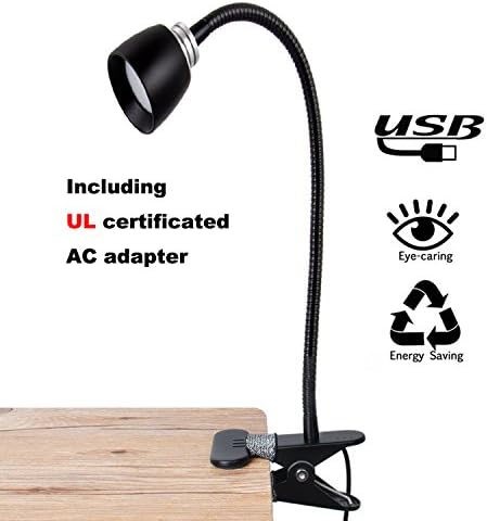 FOCUSAIRY Reading Light Lamp, Night Book Light, Energy-Efficient 3W LED Table Desk Lamp, 2 Brightness Levels Clip On for Desk Bed Headboard and Computers with USB Cable &amp; AC Adapter (Black)