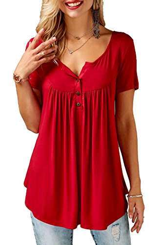 Neitade Womens Shirts and Blouses Short Sleeve Summer Tunic Tops For Leggings Red L