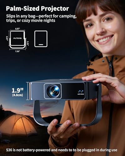 Smart Projector【Officially-Licensed Apps/Live TV】 Mini Projector 4K Support HDMI ARC, PUTRIMS S36 Native 1080P Portable Projector with AI Autofocus/Keystone, WiFi6/Bluetooth Projecteur with 330°Stand