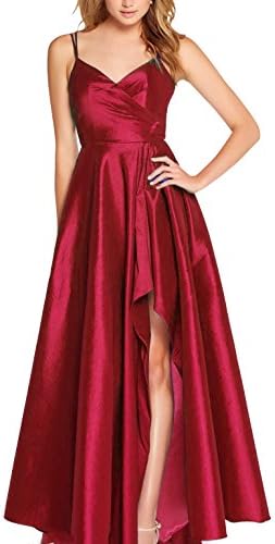 SHNE Women's Vintage Spaghetti Strap Sweetheart Ruched Satin Prom Dress Asymmetrical Evening Gown Burgundy US8