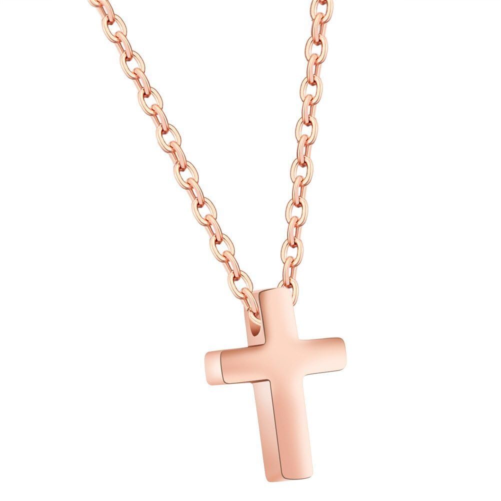 PAURO Women's Dainty Small Cross Stainless Steel Pendant Necklace with 16 Inches Chain Rose Gold Plated