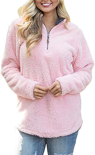 Zojuyozio Women's Sherpa Fuzzy Fleece Sweatshirt Long Sleeve Zip Pullover Outwear Coat with Pockets