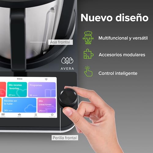 AVERA Chef Robot de Cocina Inteligente Capacidad 4.7 L, Control WIFI y pantalla táctil con 1850 recetas digitales,19 programas, 30 Funciones como: vaporera, batir, amasar, picar, pesar | RC01