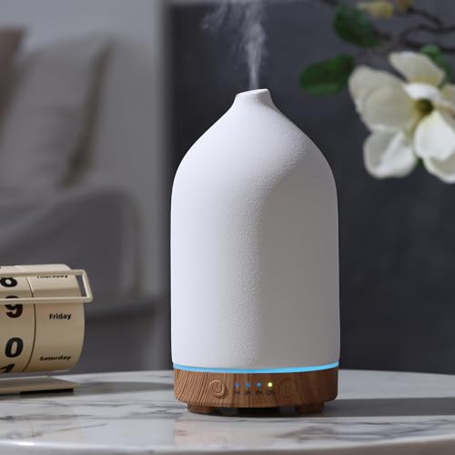 Gooamp 200ML Ceramic Essential Oil Diffuser for Home Humidifier | Ultrasonic Aromatherapy Diffuser Humidifier 7 Color LED Lights,Auto Shut-Off,3 Timers for Bedroom,Office,Yoga,Wood Grain Base