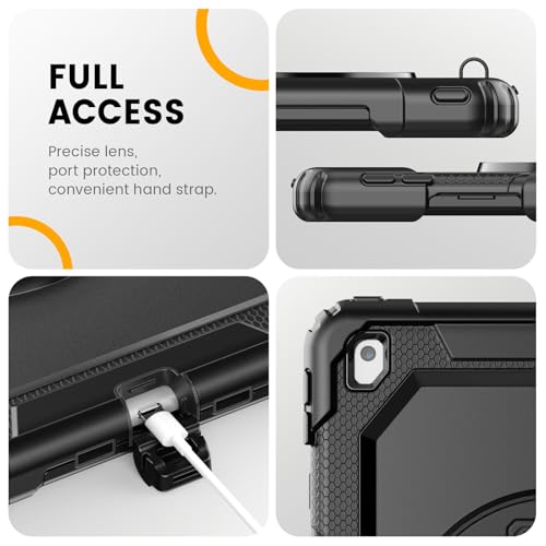 Timecity Case for iPad 9th/8th/7th Generation 10.2 '', Shockproof Rugged case with Screen Protector & 360° Rotating Stand Pen Holder Hand/Shoulder Strap for iPad 10.2 inch Case 2021/2020/2019 -Black
