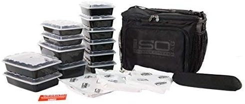 Isolator Fitness 6 Meal ISOCUBE Meal Prep Management Insulated Lunch Bag Cooler with 12 Stackable Meal Prep Containers, 3 ISOBRICK Ice Packs and 1 Shoulder Strap - MADE IN USA (Blackout)