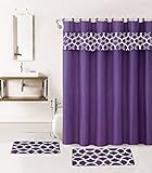 Gorgeous Home LINEN Geometric Design Non-slip Bath Mats and Shower Curtains with Hooks, Set of 15, Purple