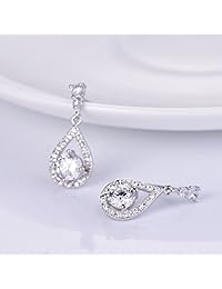 GULICX - Pendientes de gota para mujer, bañados en plata, con base redonda, circonita cúbica de corte impecable, color blanco