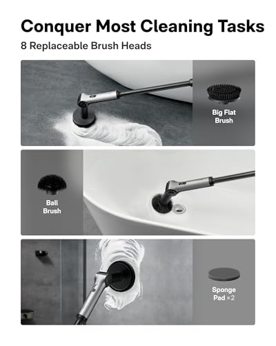 HOTO Flexi™ Cordless Electric Spin Scrubber, Adjustable Angle, Extendable Handle, Smart Display, IPX7 Waterproof, Powerful Cleaning Scrubber with 8 Replaceable Brush Heads, for Bathtub, Bathroom, Tile