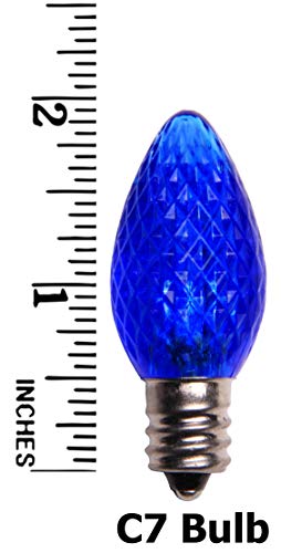 C7 LED Faceted Blue Prelamped Light Set, Green Wire - 25 C7 Blue LED Christmas Lights, 8" Spacing