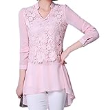 XINUO Women Blouse Lace Chiffon Casual Party Work Pink Long Sleeve Blouses Tops