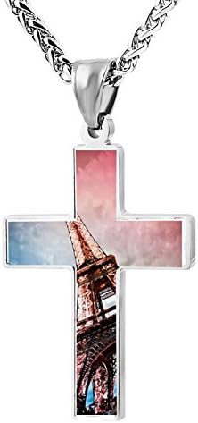 ZHJshuer Powder Blue Eiffel Tower La Tour Eiffel Jewelry Cross Religious Enamel Pendant Necklace