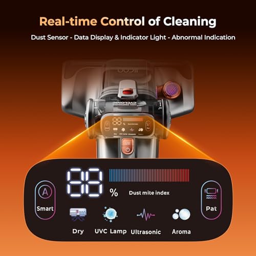 JIGOO T600 Anti-dust Vacuum Cleaner for Mattresses with UV Light and Vibration, 700W 15kpa Eliminates 99.9%, LED Display, 5s Fast Heating Dust Collector, Silent Design 72dB without Noise