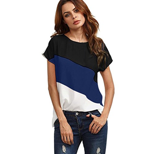 Click Here to See More Images Neartime Women's Color Block Blouse Short Sleeve Casual Tee Shirts Tunic Tops (L, Dark Blue)