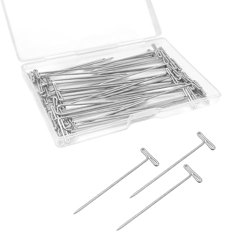Quacc 50 PCS T-Pins for Wigs, 2 Inch Sharp Sturdy Steel Sewing Straight T Pins for Blocking Knitting Crochet Crafts Project Office Wall Cork Board Foam with Storage Box (Silver)
