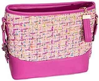 2019 New Wandering Bag Double Chain Shoulder Bag PU+Woolen Woven Messenger Bag Bucket Bag Lingge Wild Female Bag Large Capacity Diaper Bag (Pink, 25 * 23 * 9cm)