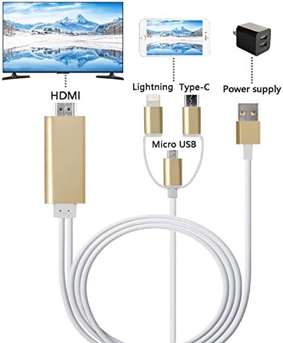 ISEAN 3 in 1 Lightning/Micro USB/Type-C to HDMI Cable, Mirror Mobile Phone Screen to TV/Projector/Monitor, 1080P HDTV Adapter for iPhone iPad Samsung etc (Gold)