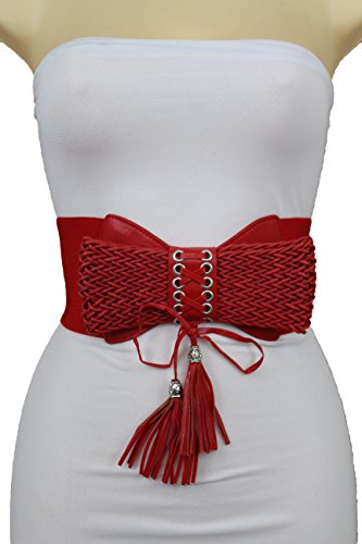 TFJ Women Elastic Wide Fashion Corset Bow Belt High Waist Tassel S M L Red