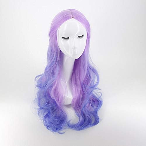 Ploekgda Women Natural Long Hair Wigs, Wave Curly Wig with Middle Part, Synthetic Blue Purple Wig (Color : Blue Ombre Purple, Size : 28")