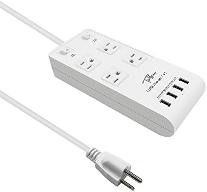 [Separate Switch Control] TOSSOW 4-Outlet Surge Protector Power Strip 6ft Heavy Duty Extension Cord 3500 Joules with 6A 4-Port USB Charger Charging Station - White