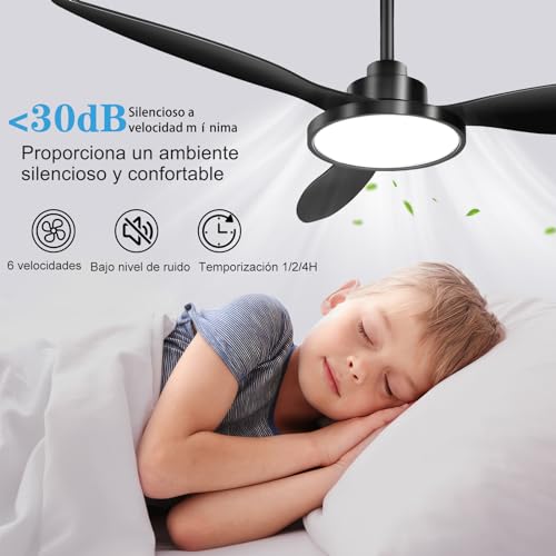 Ohniyou Ventilador de Techo de 52 Pulgadas con Luz y Mando a Distancia, Ventilador de Techo de Exterior Negro para Patios, Ventiladores de Techo Modernos para Sala de Estar Dormitorio