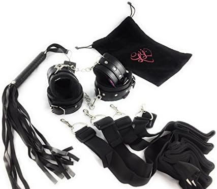 Under Bed LEATHER Restraint System Kit Plus Bonus Flogger and Velvet Carrying Pouch Included in Set by Lovers Lusts