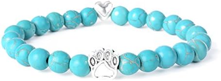 Healing Power Bracelet with Dog Paw Charm Lava Tiger Eye Stone Elastic Stretch Beaded Bracelets (Green Turquoise)