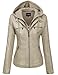 Tanming Women's Womens Hooded Faux Leather Jackets (Medium, Apricot)