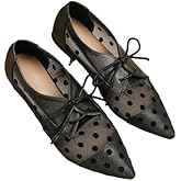 Hopomart Women's Mesh Polka Dots Breathable Pointed Toe Casual Shoes Fashion Lace Up Comfort Lightweight Slip On Flat Ballet Shoes Black