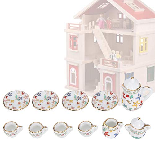 1:12 Puppenhaus Zubehör, 15 stücke Mini Porzellan Blume Teetasse Set Puppenhaus Dekor Küche Miniatur Simulation Möbel Set Modell für Jungen Mädchen Puppenhäuser(Krawatte 3) – Bild 3