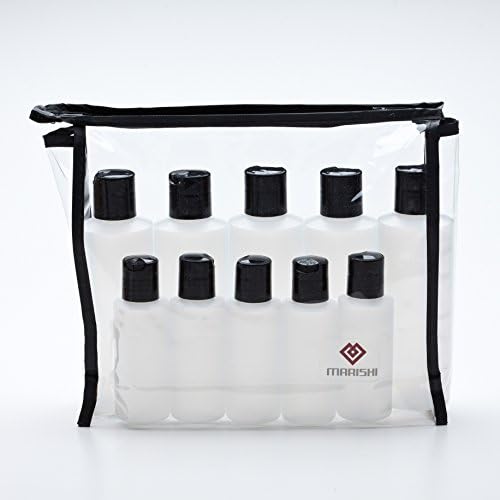 Plastic Bottles with Caps for Liquids. Set of 10 in Zippered Carry Bag. Includes 6 Oz and 2 Oz Sizes. With 5 Each Of Each Size.
