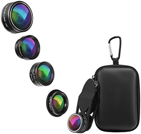 Phone lens kit 5 in 1 clip for smart phones and tablets wide angle lens and macro lens attached together, fisheye lens, telephoto lens, circular polarizer lens universal carrying case for protection