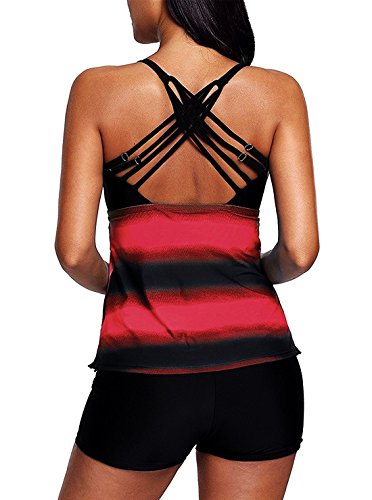Viyear Women's Plus Size Two Pieces Tankini Set Straps Athletic Swimwear Red L(US 8-10) - Thumbnail 3