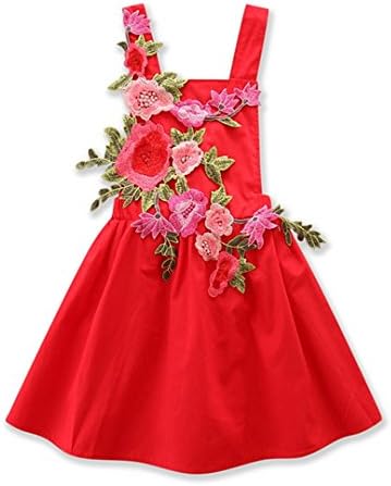 Girls Flower Ruffles Dress Oriental Charm Party Sundress (100/3-4 years, Red)