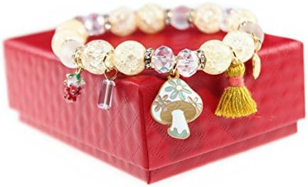 Ice Crack Korean Style Crystal Charm Bracelet with Mushroom Strawberry Tassels Pendant (Yellow)