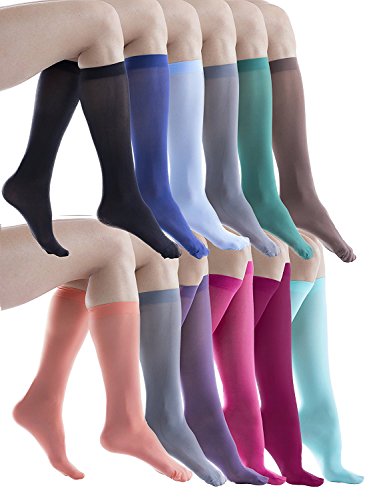 Felicity Knee High Trouser Socks for Women, Opaque Thin Nylon Colorful Dress Sock Stretchy 50 Denier, Solid Colors (12 Pairs Assorted)