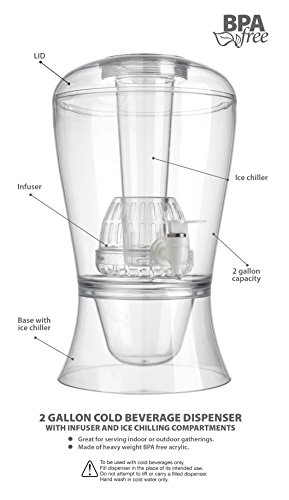 Elegant Home Large 2 Gallon Beverage Dispenser on Stand with Spout â€“ Ice Base Keep Juice and Drinks Cold â€“ Acrylic Jug with Fruit and Tea Infuser and Spigot Perfect for Parties